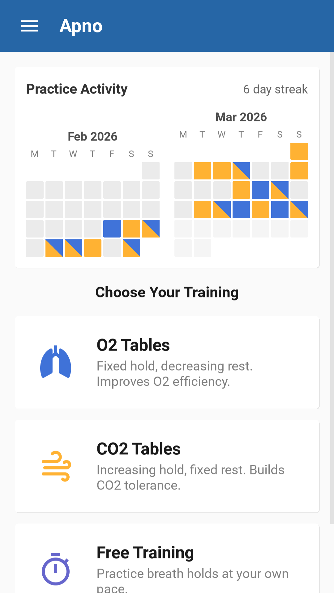 Home screen with training heatmap